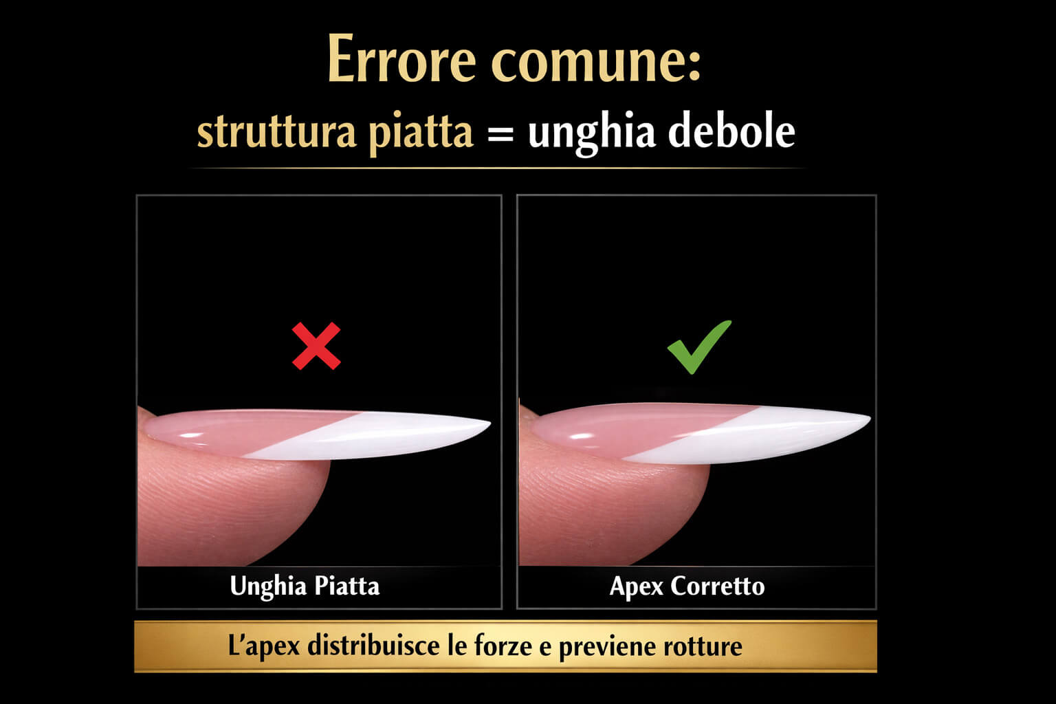 confronto ricostruzione unghie con struttura piatta senza apex e con apex corretto posizionato, errore comune nella ricostruzione gel